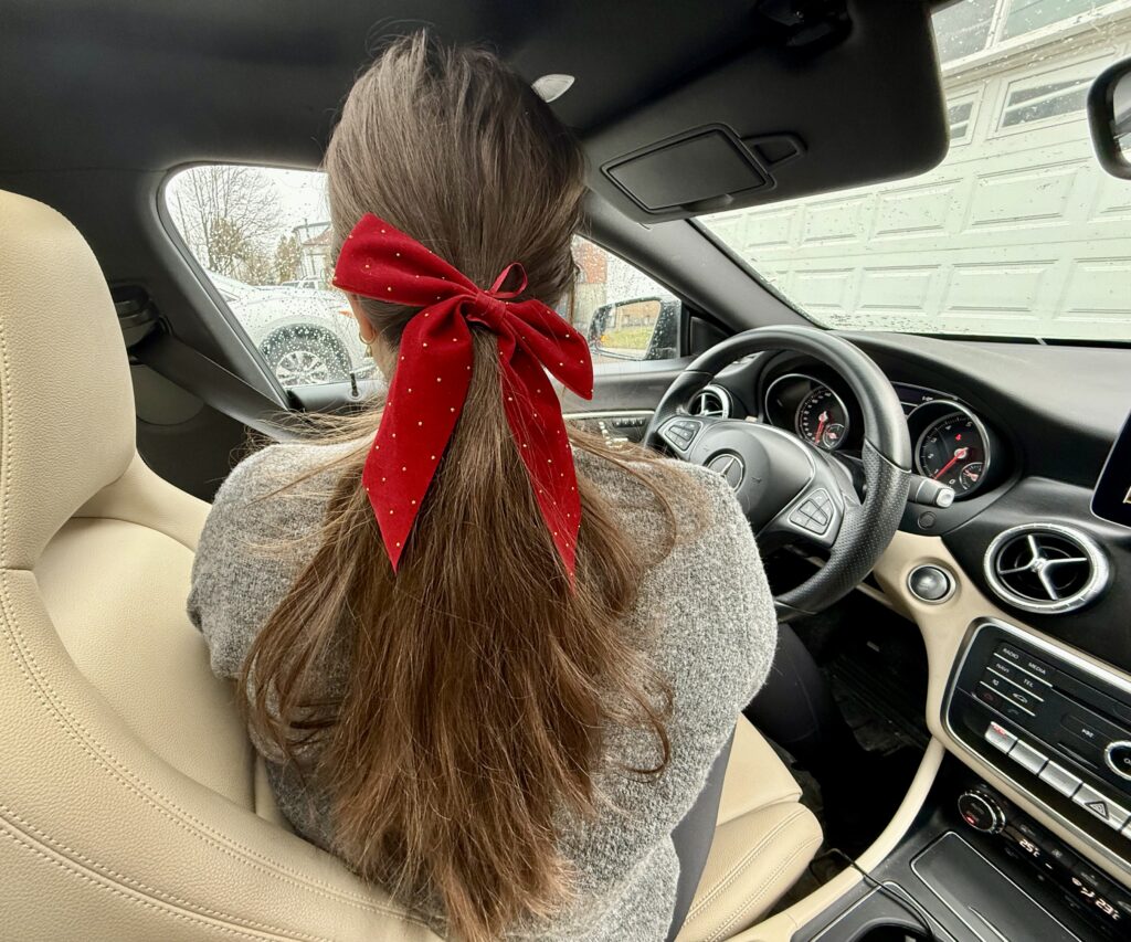 Ponytail and red ribbon